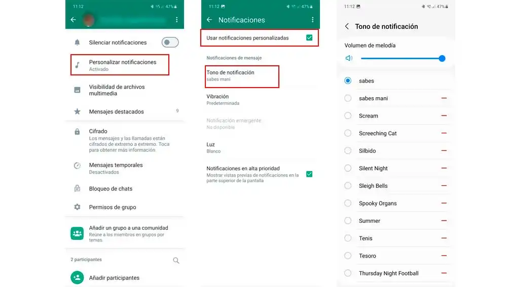 Cambiando el tono de las notificaciones en un chat de WhatsApp Cambiando el tono de las notificaciones en un chat de WhatsApp