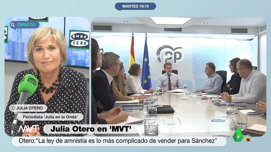 Julia Otero analiza las protestas del PP contra la amnistía "Veían tan claro que iban a la Moncloa que la frustración ha sido insoportable", afirma Julia Otero sobre las furibundas críticas del PP a una ley de amnistía que, según la periodista, para Sánchez "es lo más complicado de vender a su electorado".