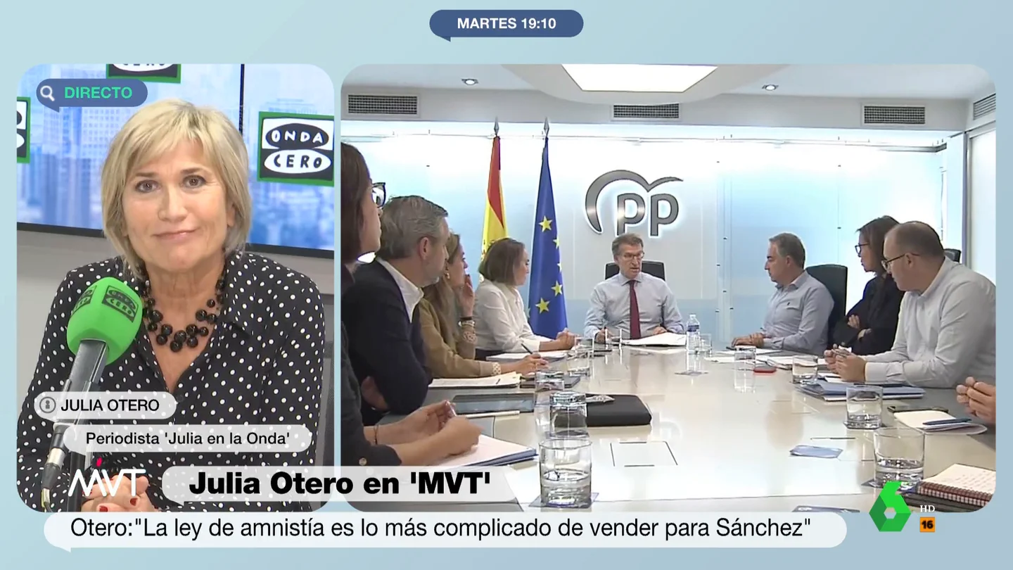 Julia Otero analiza las protestas del PP contra la amnistía "Veían tan claro que iban a la Moncloa que la frustración ha sido insoportable", afirma Julia Otero sobre las furibundas críticas del PP a una ley de amnistía que, según la periodista, para Sánchez "es lo más complicado de vender a su electorado".