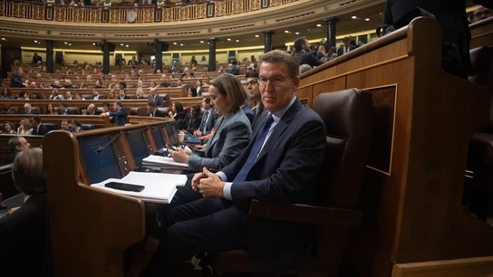 Cuca Gamarra y Alberto Núñez Feijóo, en el Congreso, durante la intervención de Pedro Sánchez. Cuca Gamarra y Alberto Núñez Feijóo, en el Congreso, durante la intervención de Pedro Sánchez.