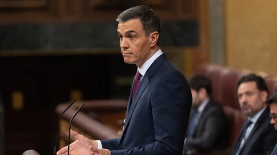 El presidente del Gobierno en funciones y candidato a la reelección, Pedro Sánchez, interviene durante la primera sesión del debate de investidura. El presidente del Gobierno en funciones y candidato a la reelección, Pedro Sánchez, interviene durante la primera sesión del debate de investidura.