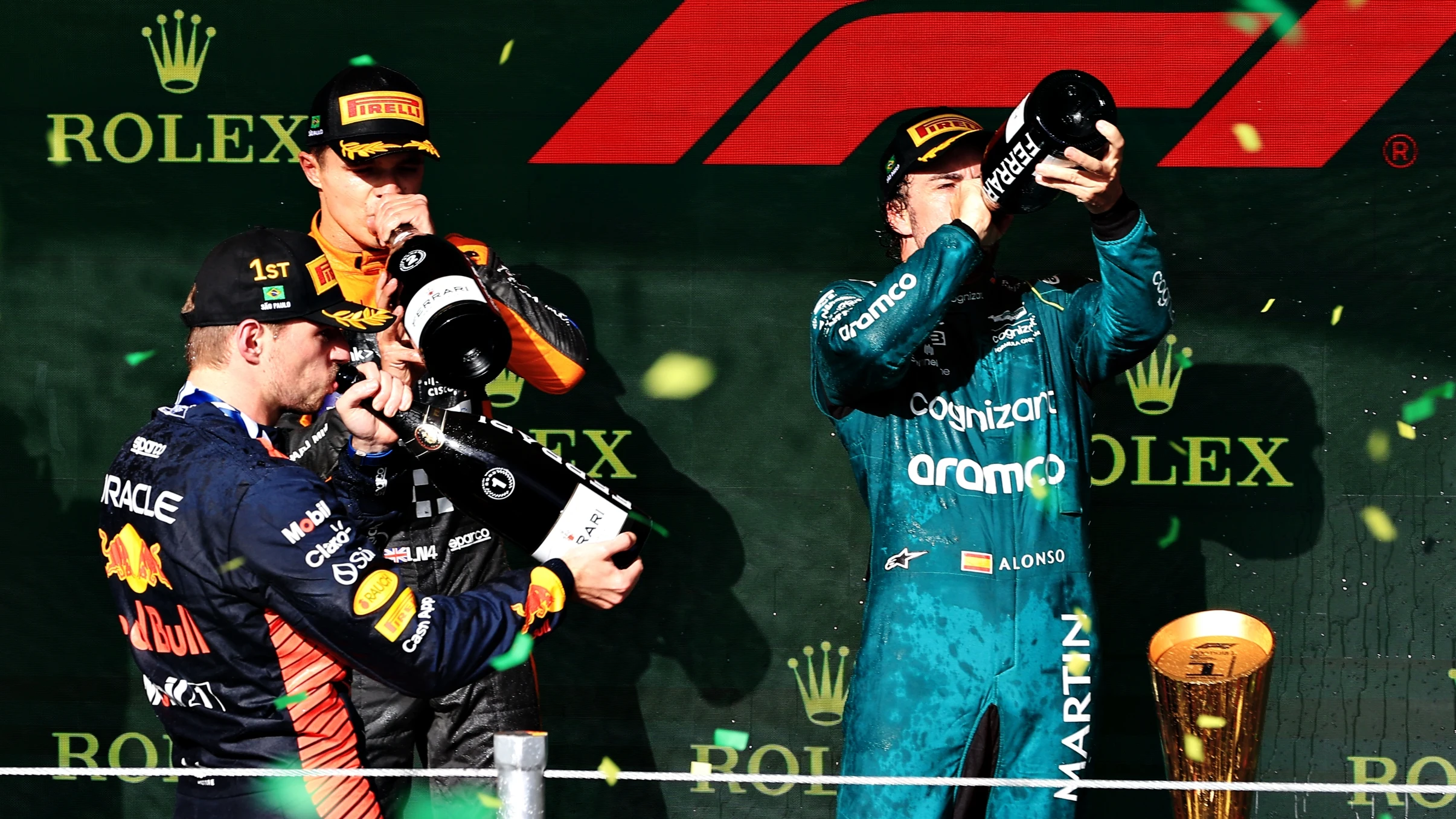Max Verstappen, Lando Norris y Fernando Alonso
