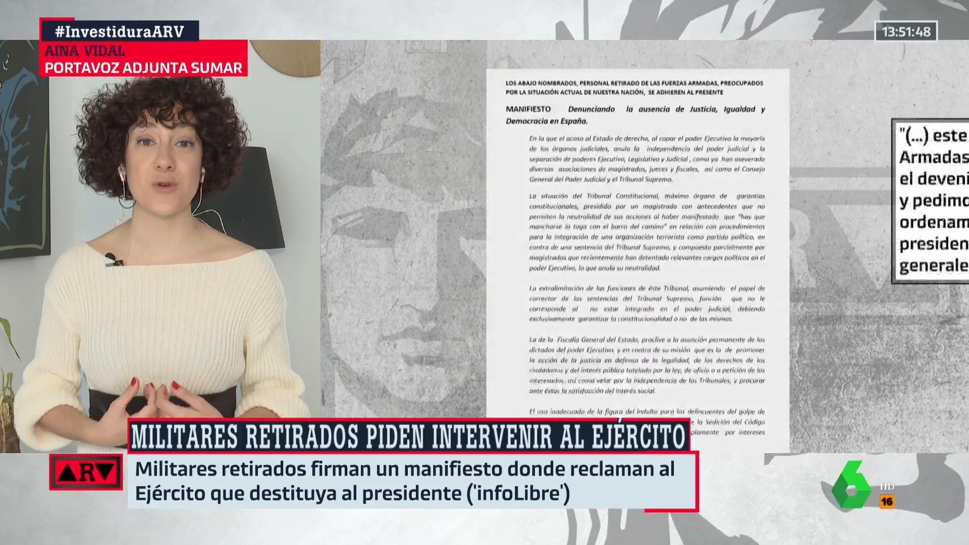 La reacción de Aina Vidal (Sumar) a los militares que piden al Ejército que destituya a Sánchez