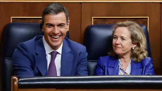 Nadia Calviño, junto a Pedro Sánchez en la segunda jornada de la sesión de investidura. Nadia Calviño, junto a Pedro Sánchez en la segunda jornada de la sesión de investidura.