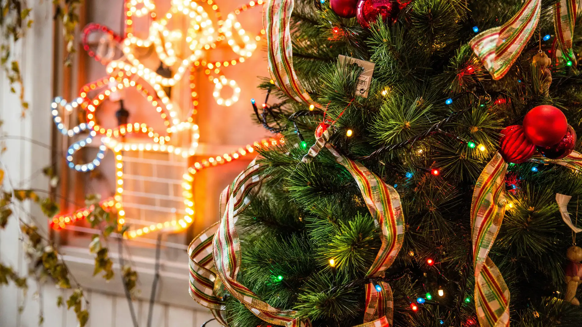 Tienda con árbol y decoración de Navidad