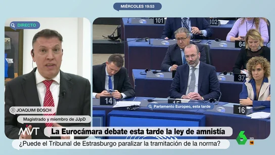 ¿Puede el Parlamento Europeo frenar o anular la ley de amnistía? Joaquim Bosch lo explica en Más Vale Tarde "La resolución que adopte puede tener cierto contenido simbólico", afirma Bosch en este vídeo de Más Vale Tarde donde analiza hasta dónde pueden llegar las medidas de la Eurocámara respecto a la ley de amnistía.