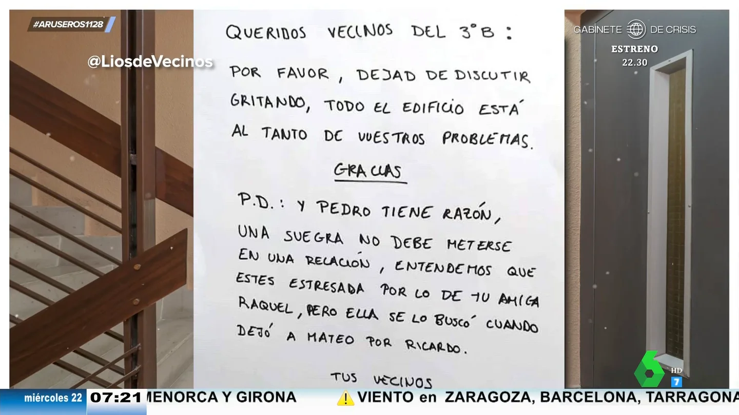 "Pedro tiene razón": la comunidad de vecinos se queja de esta divertida forma de las constantes discusiones de los del 3ºB "Pedro tiene razón": la comunidad de vecinos se queja de esta divertida forma de las constantes discusiones de los del 3ºB