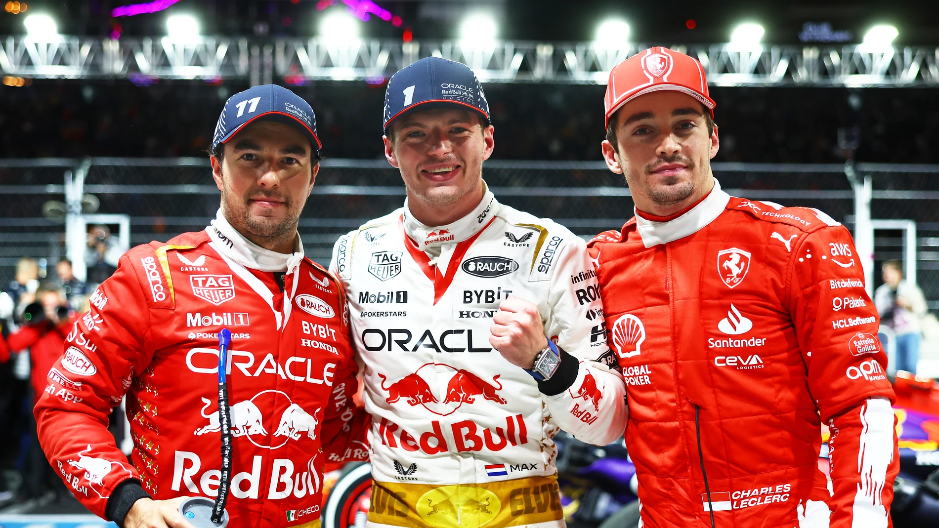 &#39;Checo&#39; Pérez, Max Verstappen y Charles Leclerc