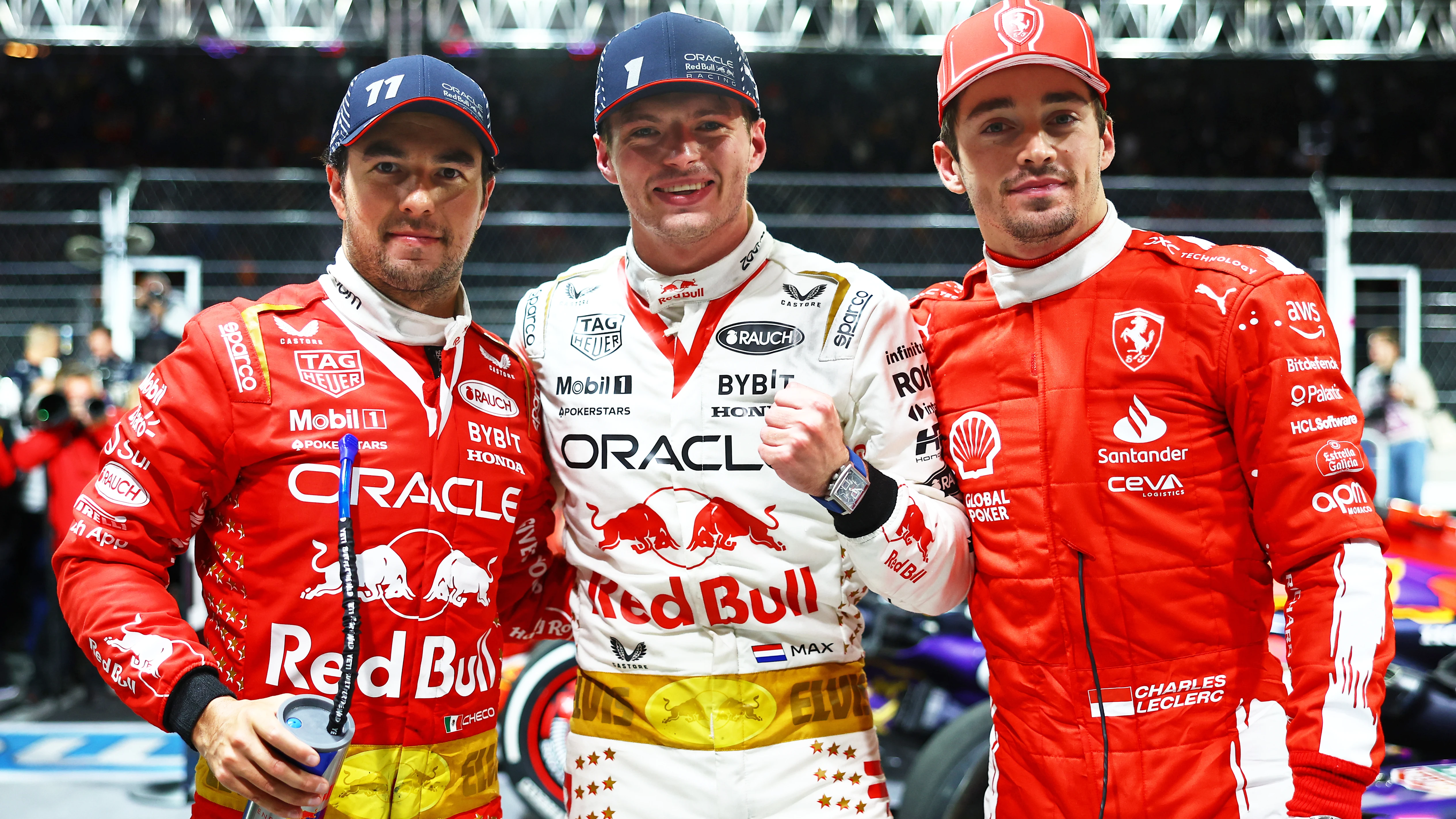 'Checo' Pérez, Max Verstappen y Charles Leclerc