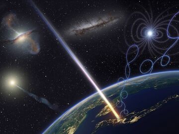 Recreación artística de un rayos cósmicos de ultra alta energía llegando a la Tierra