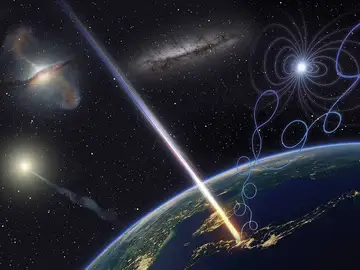 Recreación artística de un rayos cósmicos de ultra alta energía llegando a la Tierra Recreación artística de un rayos cósmicos de ultra alta energía llegando a la Tierra