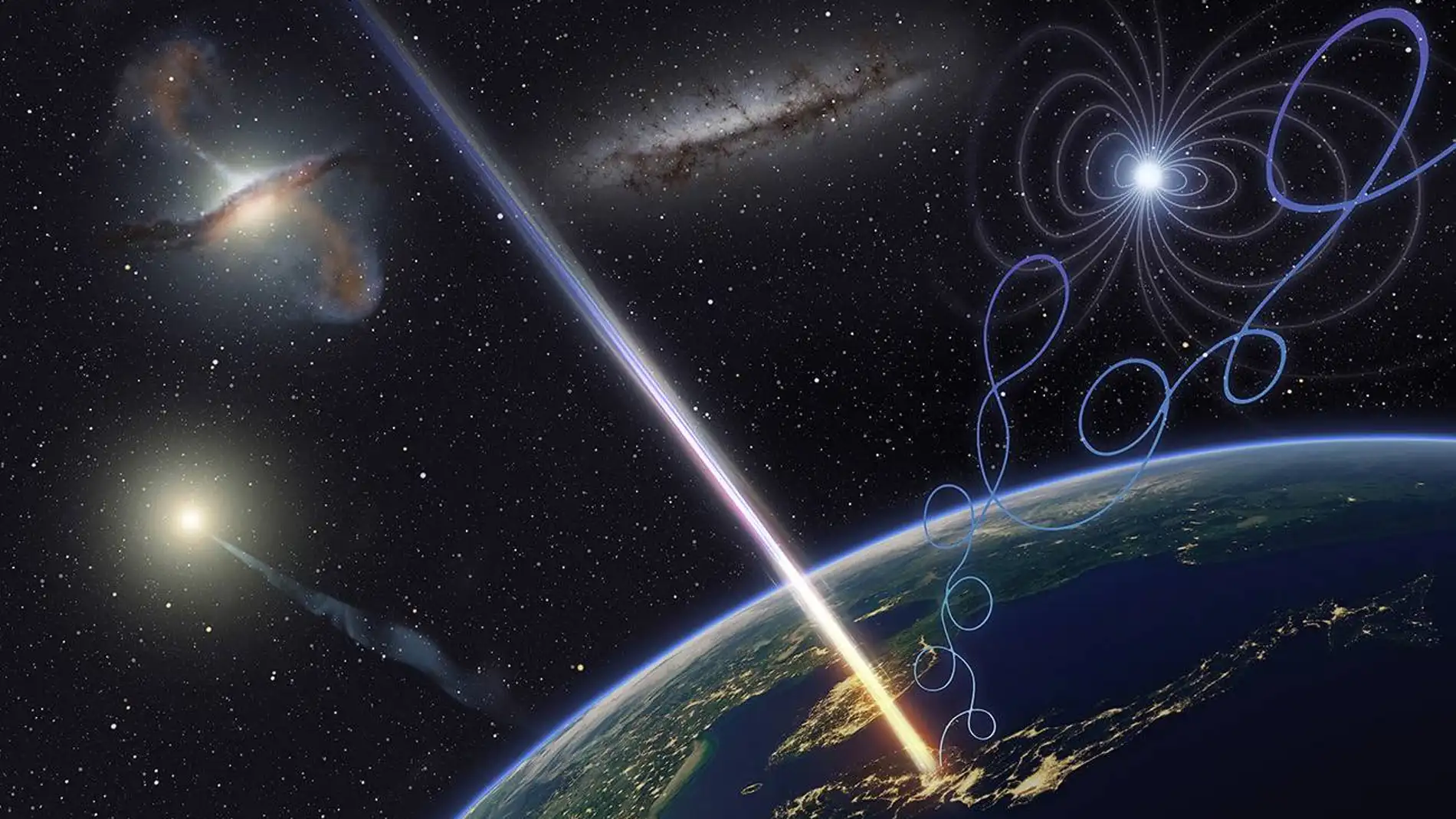 Recreación artística de un rayos cósmicos de ultra alta energía llegando a la Tierra