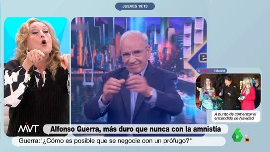 Rifirrafe entre Elisa Beni y Benjamín Prado por las palabras de Alfonso Guerra Tenso debate en Más Vale Tarde a cuenta de las declaraciones de Alfonso Guerra sobre la amnistía como respuesta a la necesidad de los votos de Junts para la investidura de Sánchez. El rifirrafe entre Benjamín Prado y Elisa Beni, en este vídeo.