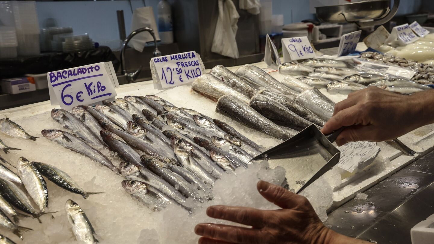 Foto de archivo de un puesto de pescado y marisco de Valencia.