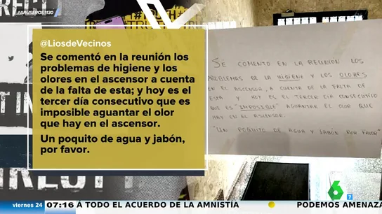 Disputa vecinal a lo 'Aquí no hay quien viva' por falta de higiene: "Un poquito de agua y jabón, por favor" Disputa vecinal a lo 'Aquí no hay quien viva' por falta de higiene: "Un poquito de agua y jabón, por favor"