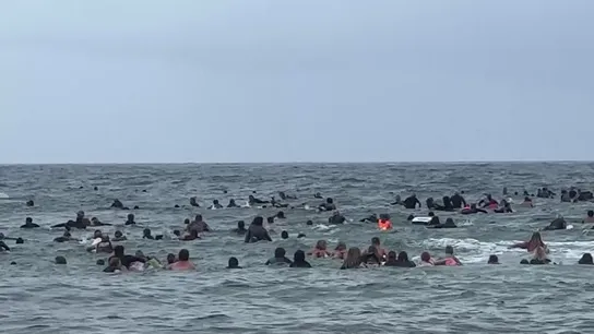 Los activistas se echaron al agua con sus tablas de surf, en Newcastle, Australia. Los activistas se echaron al agua con sus tablas de surf, en Newcastle, Australia.