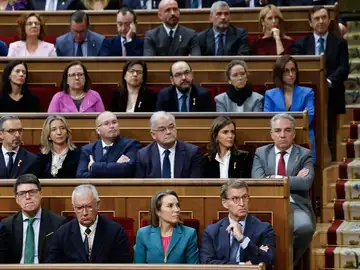 El lídero del PP, ALberto Núñez Feijóo (d) junto a los diputados de la formación escuchan la intervención del rey Felipe VI en la solemne apertura de la XV Legislatura