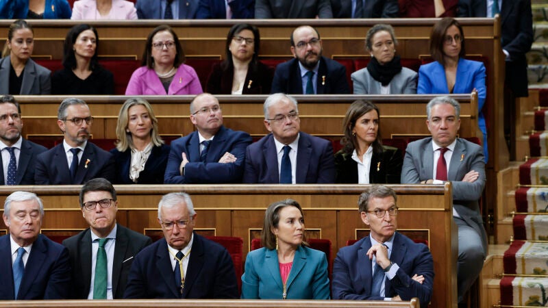 El lídero del PP, ALberto Núñez Feijóo (d) junto a los diputados de la formación escuchan la intervención del rey Felipe VI en la solemne apertura de la XV Legislatura