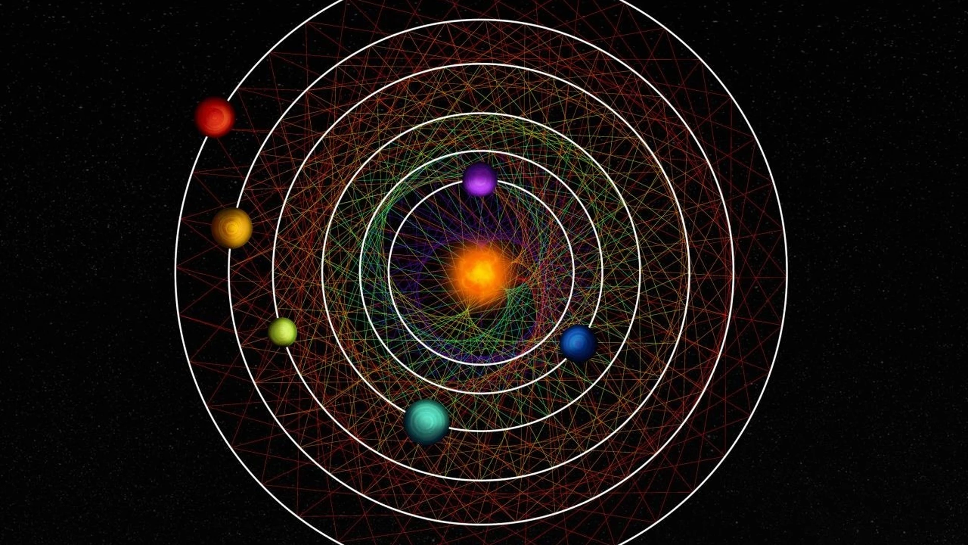 Recreación del sistema de seis exoplanetas que orbitan alrededor de una estrella.
