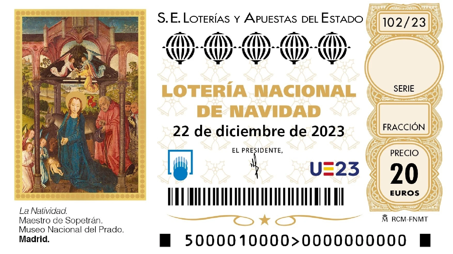 Ejemplar del décimo del Sorteo de Lotería de Navidad 2023.