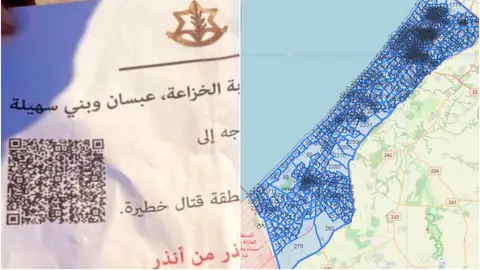 QR difundido en un panfleto por Israel y el mapa de Gaza dividido en sectores