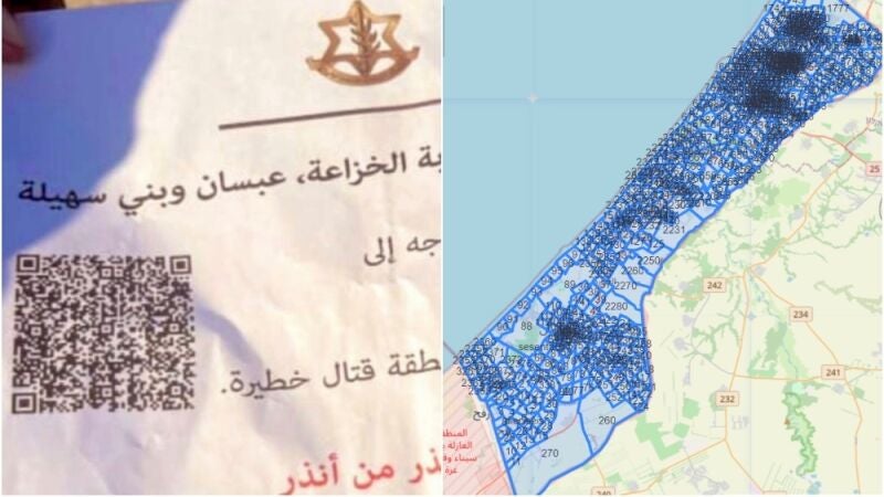 QR difundido en un panfleto por Israel y el mapa de Gaza dividido en sectores