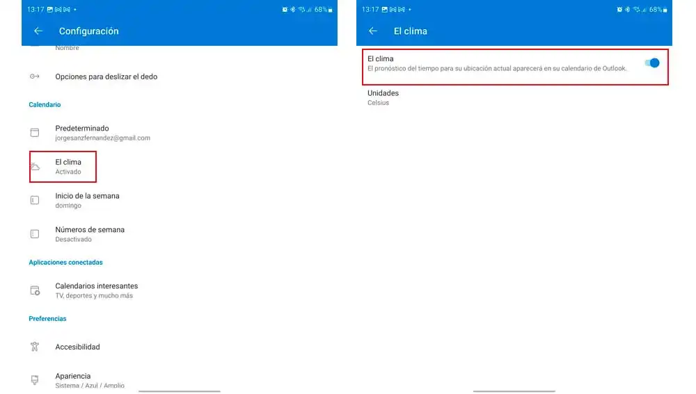 Activando el clima en el calendario de Outlook Activando el clima en el calendario de Outlook