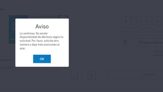 Un aviso en la web de Loterías y Apuestas del Estado que aparece cuando un décimo no está disponible 'online' Un aviso en la web de Loterías y Apuestas del Estado que aparece cuando un décimo no está disponible 'online'