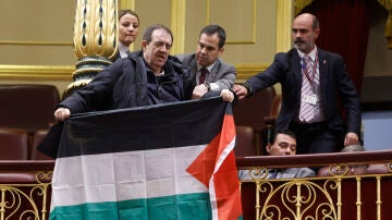 Un asistente despliega una bandera palestina durante el pleno del Congreso en el que comparece José Manuel Albares