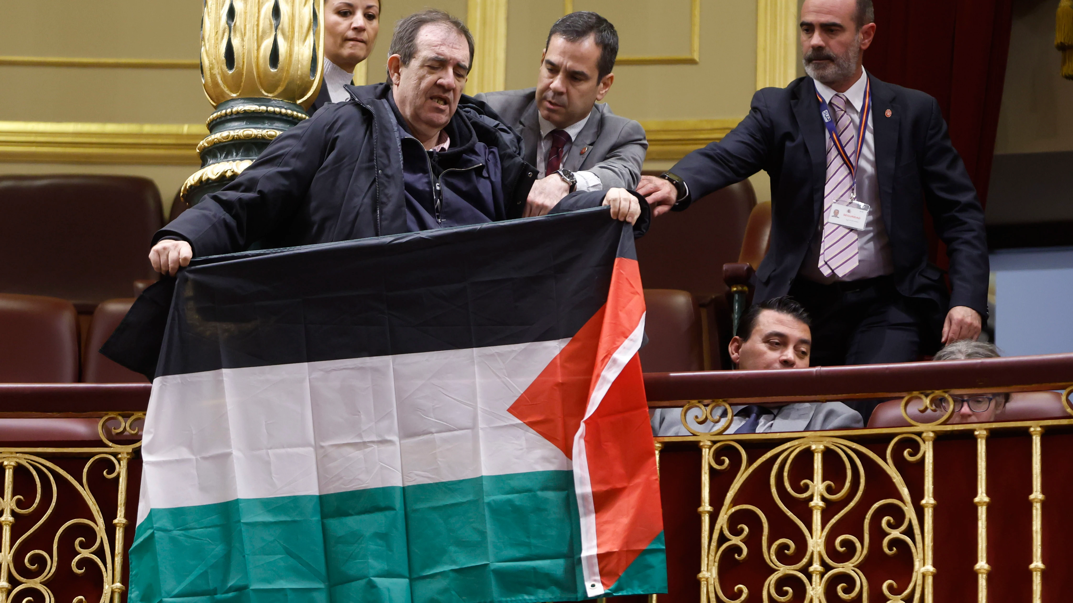 Un asistente despliega una bandera palestina durante el pleno del Congreso en el que comparece José Manuel Albares