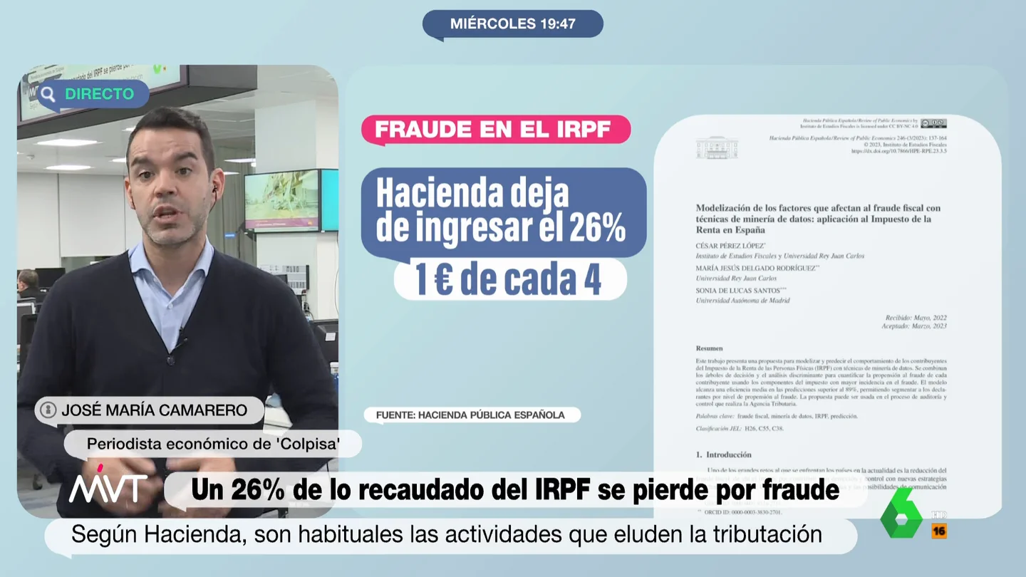 José María Camarero, sobre el fraude al IRPF: Cuando hay metálico de por medio, siempre tienta no declarar El periodista económico analiza el estudio de Hacienda que señala que el 26% de lo que recaudaría el IRPF se pierde por el fraude y, en este vídeo, explica cuáles son las cuatro principales vías por las que se produce esta 'fuga de dinero'.