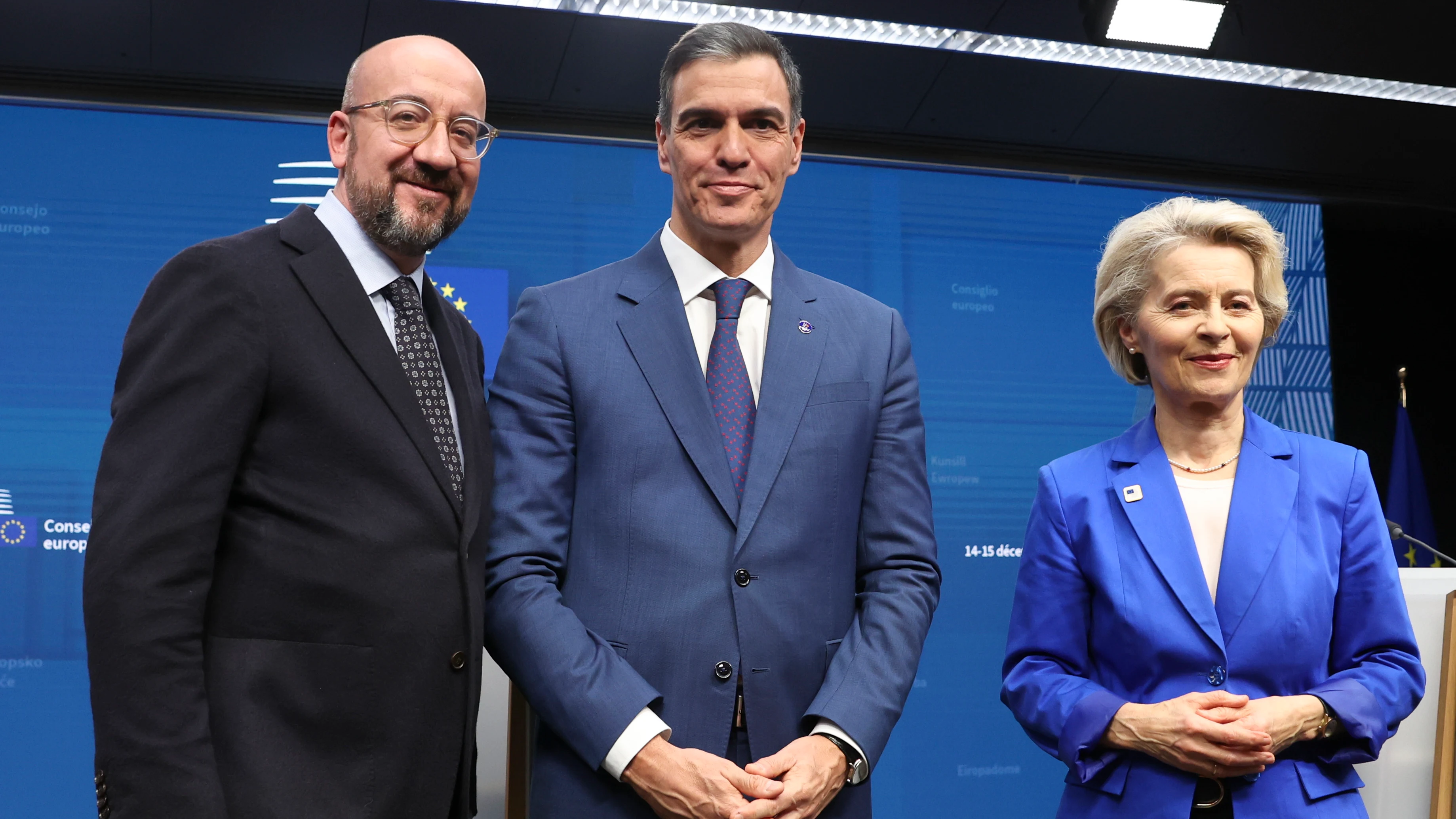 Charles Michel, Pedro Sánchez y Ursula von der Leyen en la reunión de este viernes