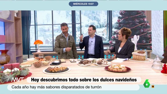 Iñaki López, tras probar turrón de palomitas, chocolate con churros y cerveza Pablo Ojeda dedica hoy su sección a los dulces navideños, especialmente al turrón, que cada vez tiene sabores más disparatados. Iñaki López los prueba todos y en este vídeo de Más Vale Tarde da su veredicto.