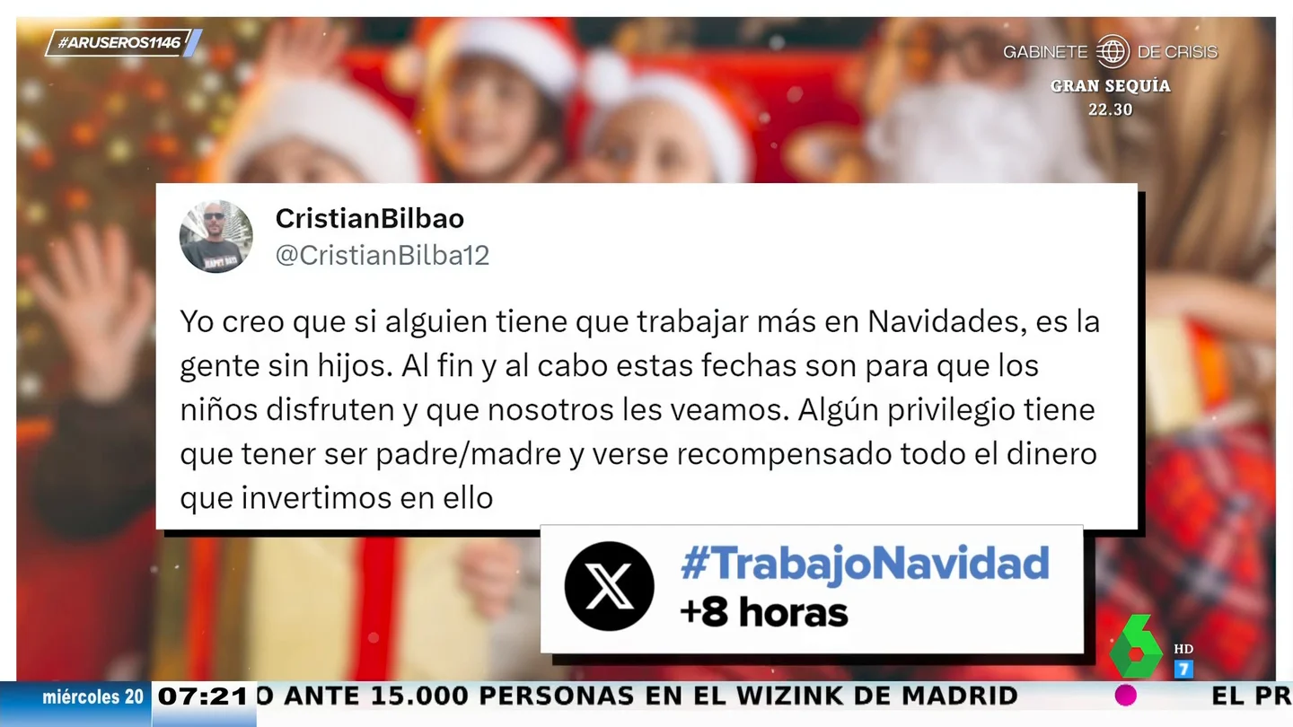 "Si alguien tiene que trabajar más en Navidad es la gente sin hijos": el polémico comentario que ha desatado la guerra en redes "Si alguien tiene que trabajar más en Navidad es la gente sin hijos": el polémico comentario que ha desatado la guerra en redes