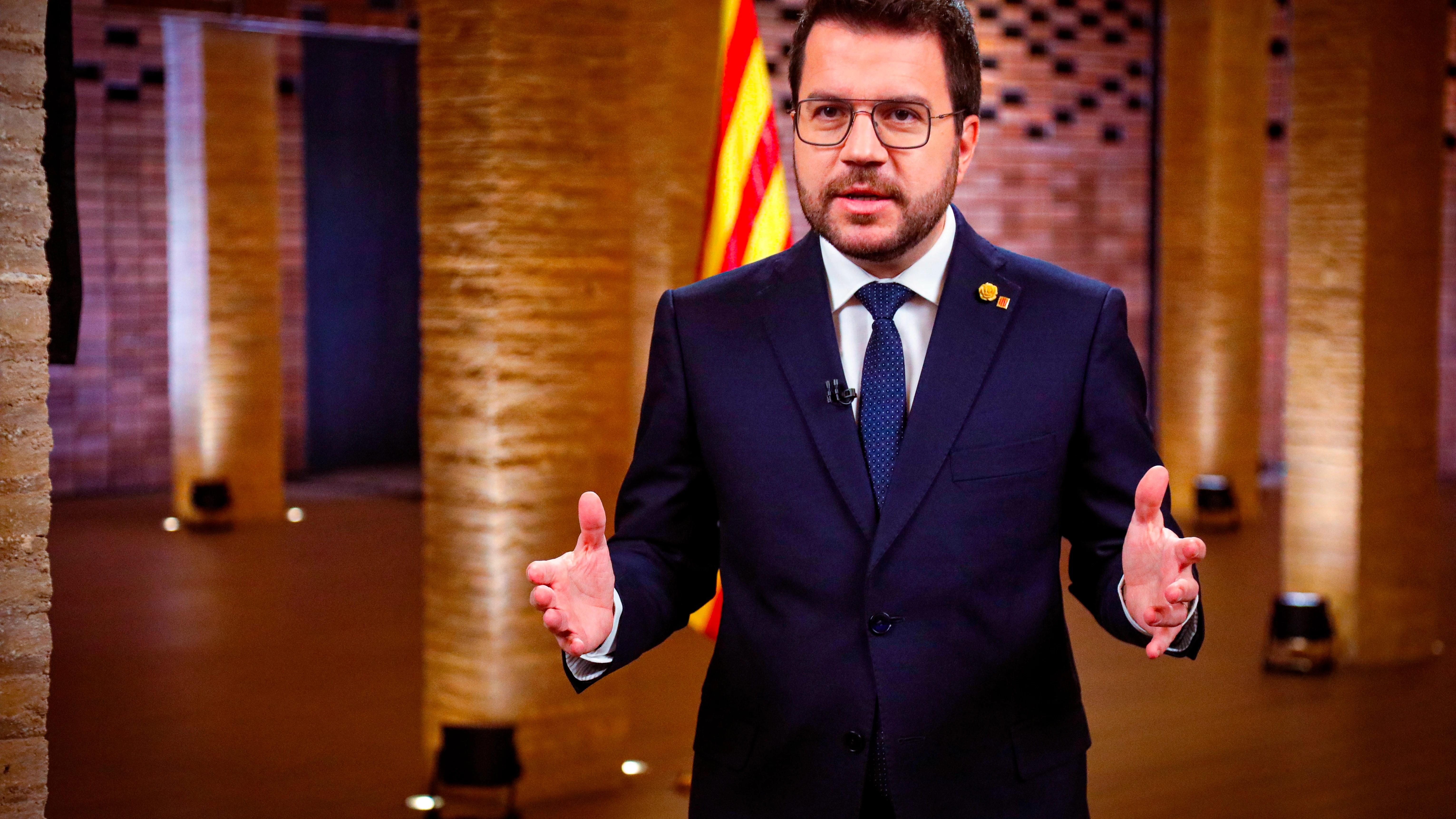 El presidente de la Generalitat, Pere Aragonès, durante su discurso institucional de Navidad