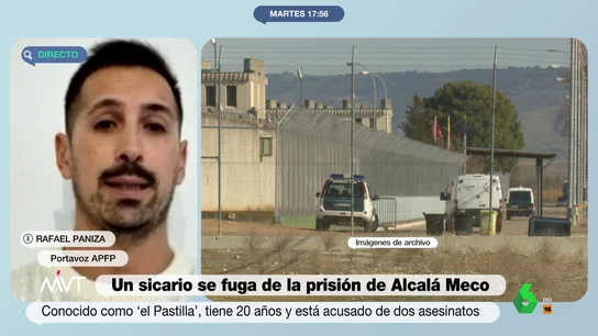 La denuncia del portavoz de la APFP tras la fuga de un sicario de Alcalá Meco "Lamento el hecho, mando un abrazo a mis compañeros y espero que lo encuentren pronto", comenta Rafael Paniza, portavoz de la Asociación Profesional de Funcionarios de Prisiones, tras la fuga de un sicario de 20 años conocido como 'el Pastilla'.