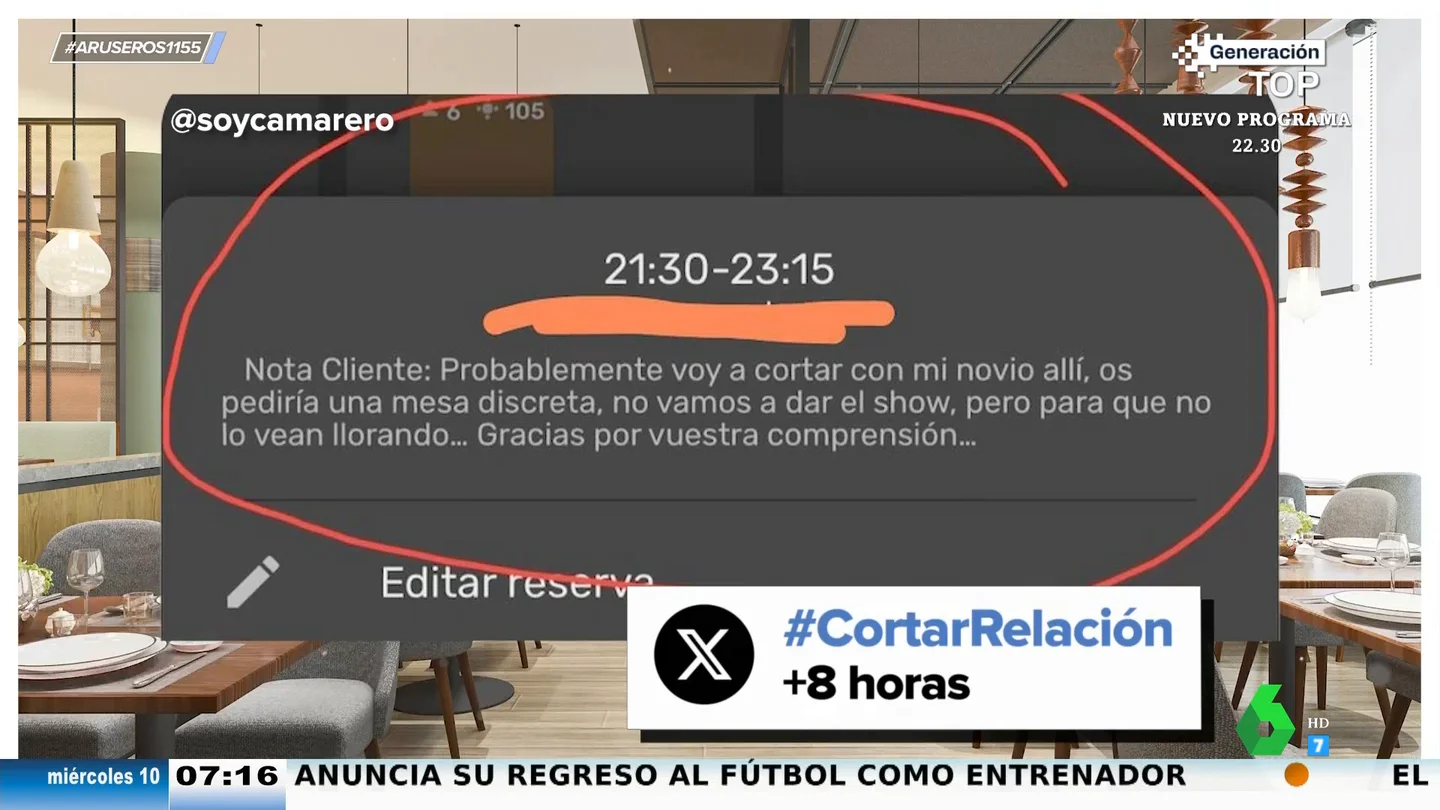La nota viral de una chica a un restaurante donde cortará con su novio: "Os pediría una mesa discreta para que no le vean llorando" La nota viral de una chica a un restaurante donde cortará con su novio: "Os pediría una mesa discreta para que no le vean llorando"