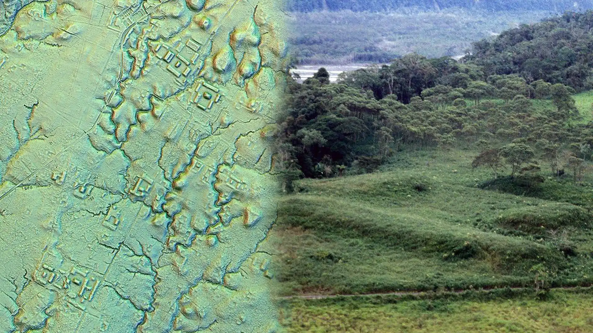 Imagen LiDAR de una de los antiguas áreas urbanas agrarias del Valle de Upano y ejemplos de las plataformas rectangulares Imagen LiDAR de una de los antiguas áreas urbanas agrarias del Valle de Upano y ejemplos de las plataformas rectangulares