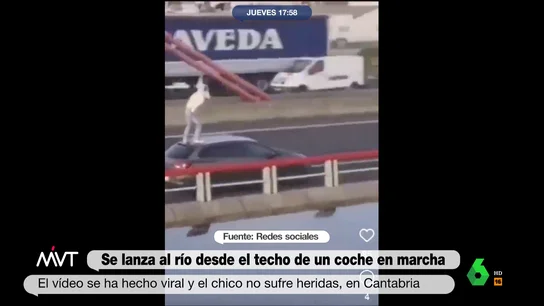 El peligroso vídeo viral de un joven saltando a una ría desde un coche en marcha: ¿a qué delitos se enfrenta? "Lo aterrador no es que alguien haga el gilipollas, es los que se sientan a verlo", comenta Beatriz de Vicente sobre el vídeo viral de un joven saltando a al río desde el techo de un coche en Cantabria. En este vídeo, explica las consecuencias judiciales.
