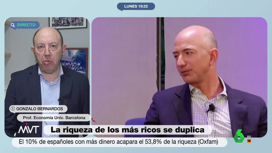 La reflexión de Gonzalo Bernardos sobre que se duplique la fortuna de los más ricos Gonzalo Bernardos analiza en este vídeo el informe que señala que los cinco hombres más ricos han duplicado sus fortunas y recuerda el 'mantra' del neoliberalismo: "Que unos pocos multimillonarios vivan mejor a costa de que la mayoría viva peor".