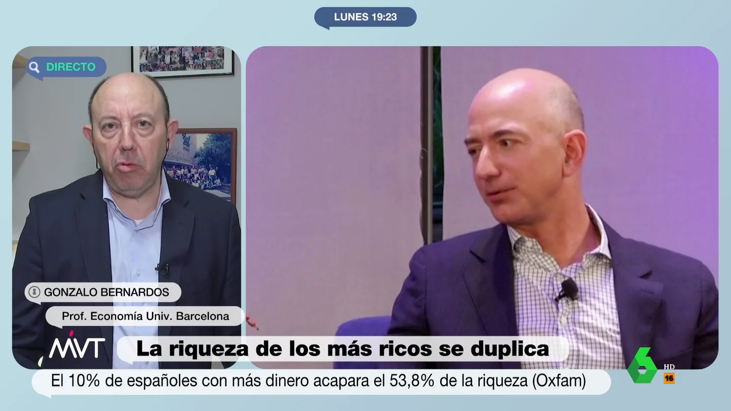 La reflexión de Gonzalo Bernardos sobre que se duplique la fortuna de los más ricos Gonzalo Bernardos analiza en este vídeo el informe que señala que los cinco hombres más ricos han duplicado sus fortunas y recuerda el 'mantra' del neoliberalismo: "Que unos pocos multimillonarios vivan mejor a costa de que la mayoría viva peor".