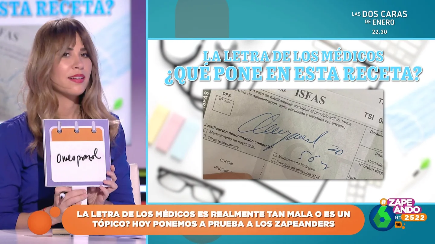 María Gómez descubre su talento para descifrar la letra de los médicos Cristina Pedroche propone un concurso en Zapeando. Intentar adivinar qué medicamento hay escrito en una receta con letra de médico casi ilegible. ¿Qué fármacos serán? ¿Es la letra de médico un mito o realidad? Las respuestas, en este vídeo.