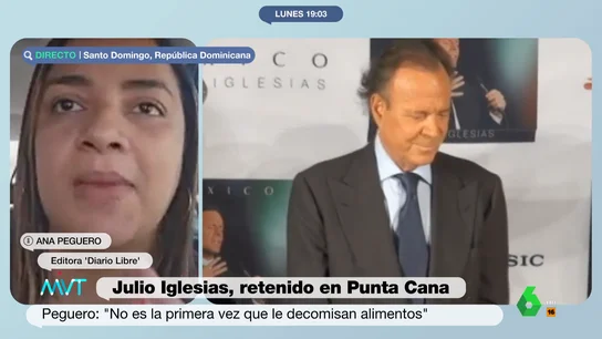 La periodista Ana Peguero, sobre Julio Iglesias: "No es la primera vez que le decomisan alimentos" "Estamos en medio de una alerta sanitaria por la mosca del Mediterráneo y este insecto fue detectado cerca de la propiedad del artista en Punta Cana", comenta la periodista dominicana sobre la retención de Julio Iglesias con 42 kilos de comida.