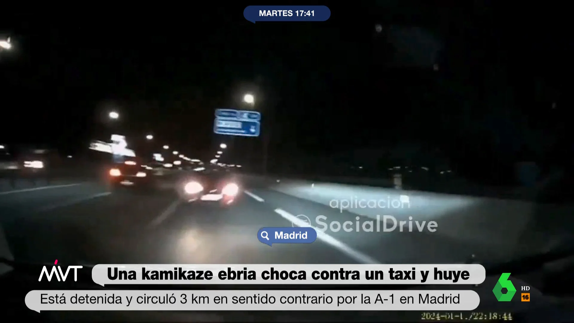 La cámara de un taxi fue testigo del impacto contra otro coche que circulaba en dirección contraria. Tras huir del lugar del accidente, la conductora fue detenida por la Guardia Civil y ha dado positivo en un control de alcoholemia.