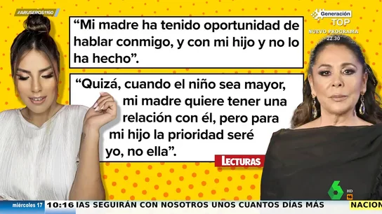 Isa Pantoja critica la actitud de Isabel Pantoja con su hijo: "Quizá, cuando sea mayor, ella quiera tener relación, pero para él la prioridad seré yo" Isa Pantoja critica la actitud de Isabel Pantoja con su hijo: "Quizá, cuando sea mayor, ella quiera tener relación, pero para él la prioridad seré yo"