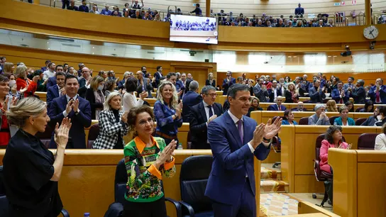 Sánchez y los diputados socialistas aplauden tras concluir el debate Sánchez y los diputados socialistas aplauden tras concluir el debate