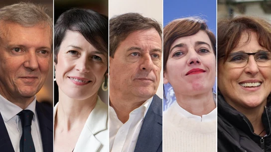De izquierda a derecha: los candidatos Alfonso Rueda (PP), Ana Pontón (BNG), José Ramón Gómez Besteiro (PSdeG), Marta Lois (Sumar) e Isabel Faraldo (Podemos). De izquierda a derecha: los candidatos Alfonso Rueda (PP), Ana Pontón (BNG), José Ramón Gómez Besteiro (PSdeG), Marta Lois (Sumar) e Isabel Faraldo (Podemos).