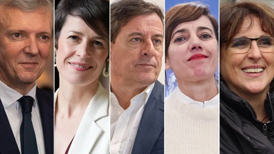 De izquierda a derecha: los candidatos Alfonso Rueda (PP), Ana Pontón (BNG), José Ramón Gómez Besteiro (PSdeG), Marta Lois (Sumar) e Isabel Faraldo (Podemos). De izquierda a derecha: los candidatos Alfonso Rueda (PP), Ana Pontón (BNG), José Ramón Gómez Besteiro (PSdeG), Marta Lois (Sumar) e Isabel Faraldo (Podemos).