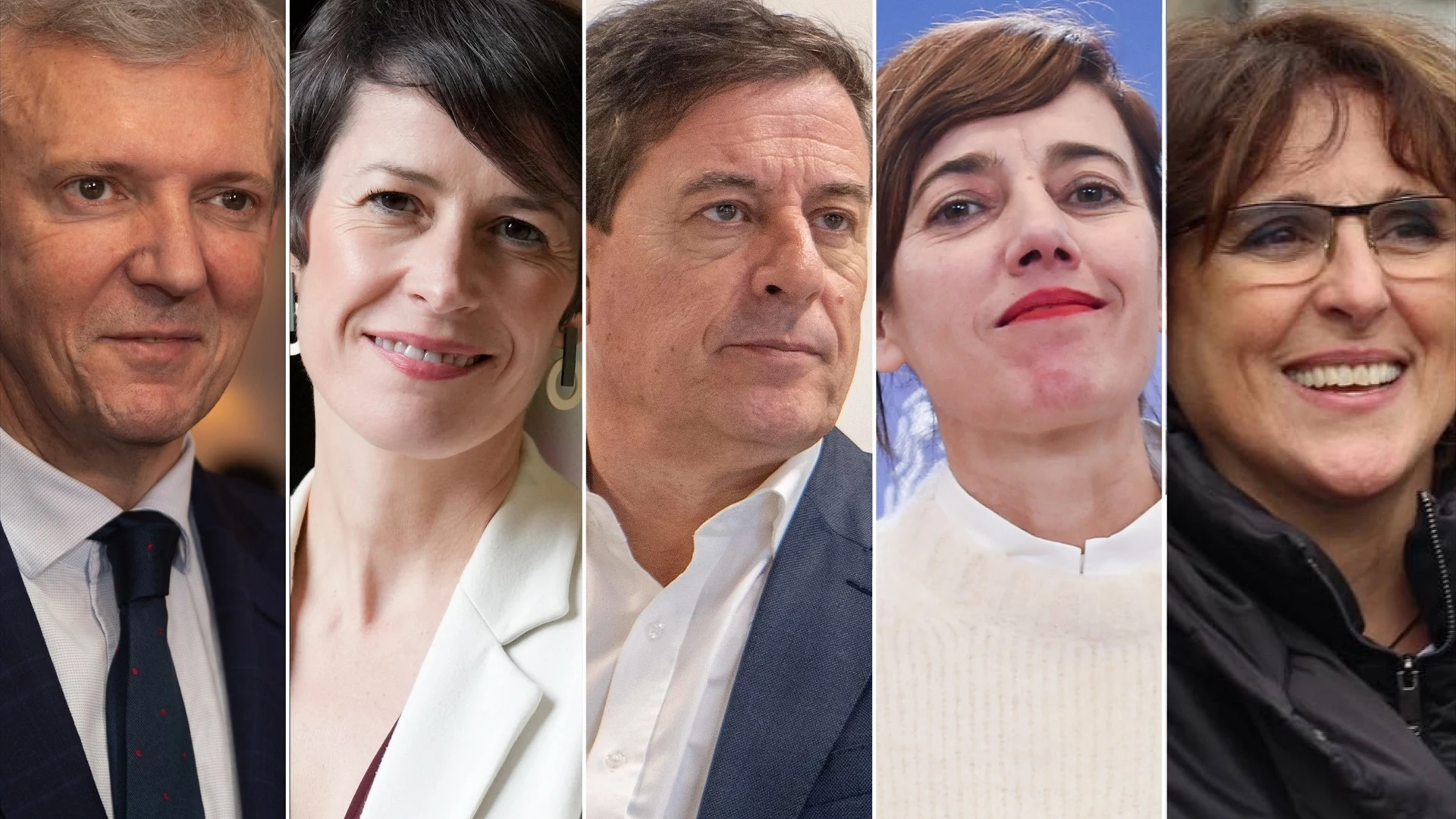 De izquierda a derecha: los candidatos Alfonso Rueda (PP), Ana Pontón (BNG), José Ramón Gómez Besteiro (PSdeG), Marta Lois (Sumar) e Isabel Faraldo (Podemos).