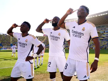 Vinicius, Rudider y Tchouameni celebran un gol del Real Madrid